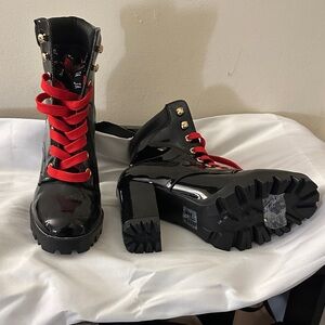 Black Patent Leather Ankle Boots with Red Laces